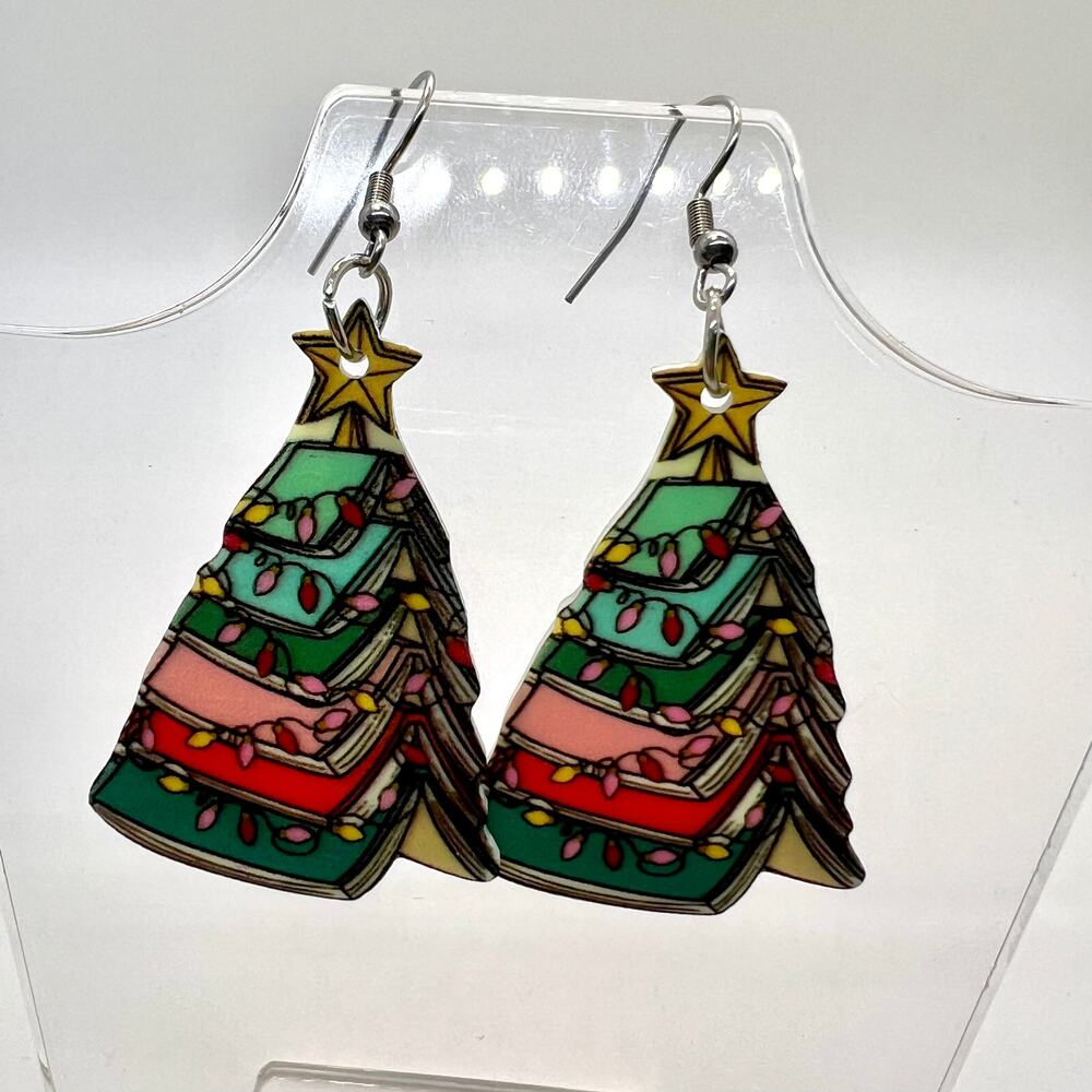 Book Earrings - Book Tree - Teacher Accessories - Christmas Earrings - Librarian